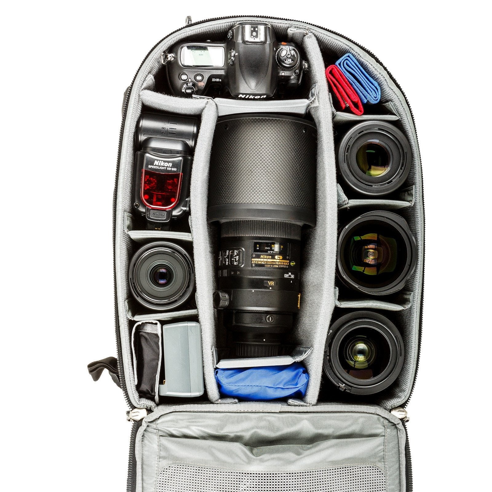 Gripped DSLR, 300mm f/2.8, 105mm f/2.8, 14-24mm f/2.8, 24-70mm f/2.8, flash