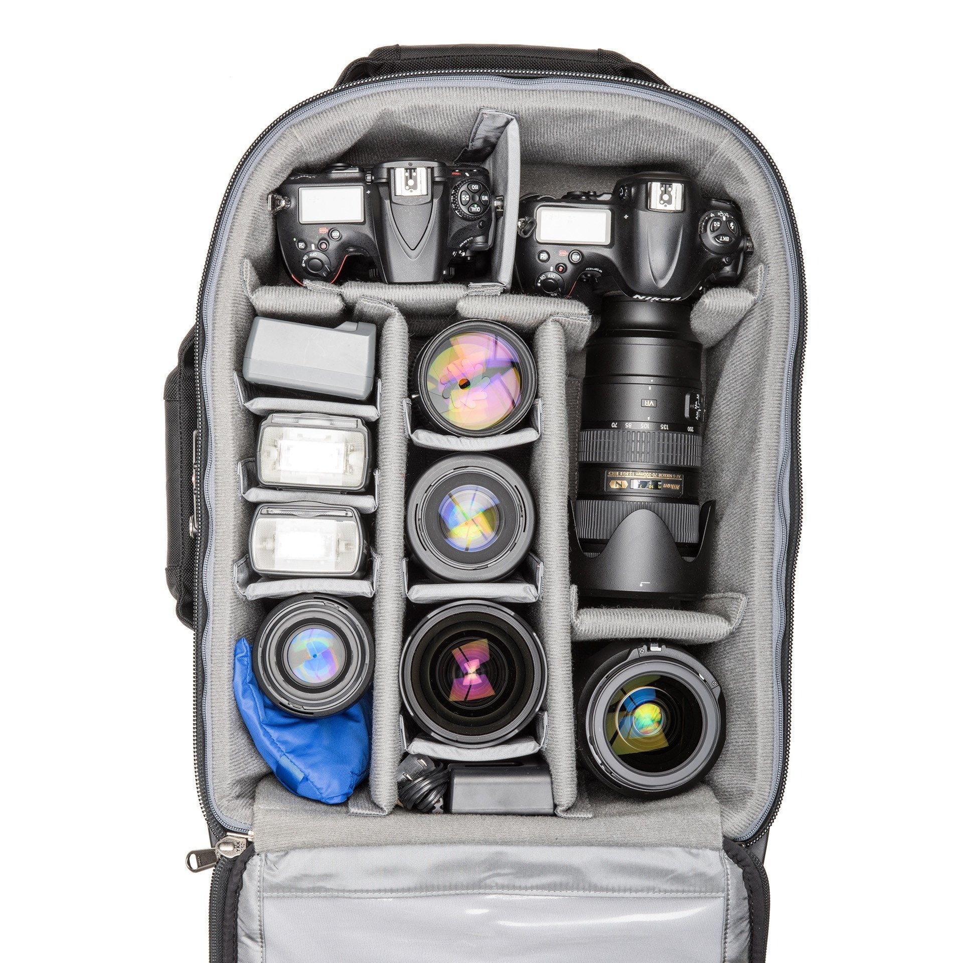 Nikon Gripped DSLR, Gripped DSLR+70-200mm f/2.8, 135mm f/2 DC, 105mm f/2.8, 14-24mm f/2.8, 24-70mm f/2.8, 50mm f/1.4, Flashes
