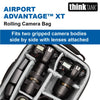Airport Advantage XT Rolling Camera Bag fits two gripped camera bodies side-by-side with lenses attached.