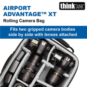Airport Advantage XT Rolling Camera Bag fits two gripped camera bodies side-by-side with lenses attached.