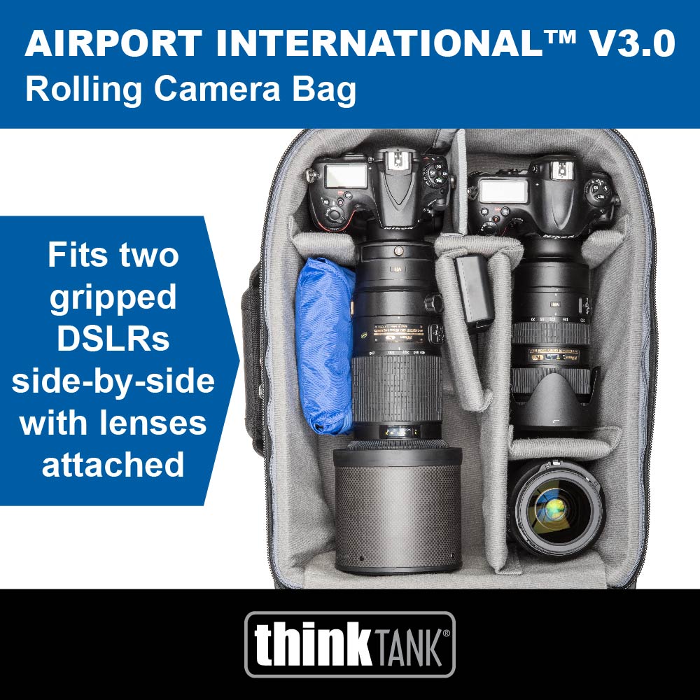 Airport International V3 Rolling Camera Bag. Fits two gripped DSLRs side-by-side with lenses attached