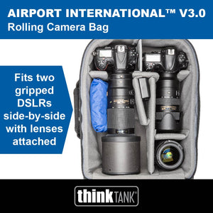 Airport International V3 Rolling Camera Bag. Fits two gripped DSLRs side-by-side with lenses attached