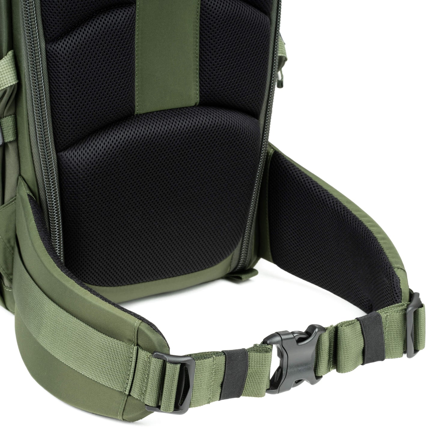 
                  
                    Comfortable padded waist belt for all-day comfort on the trail with webbing rail for additional Think Tank accessories 
                  
                