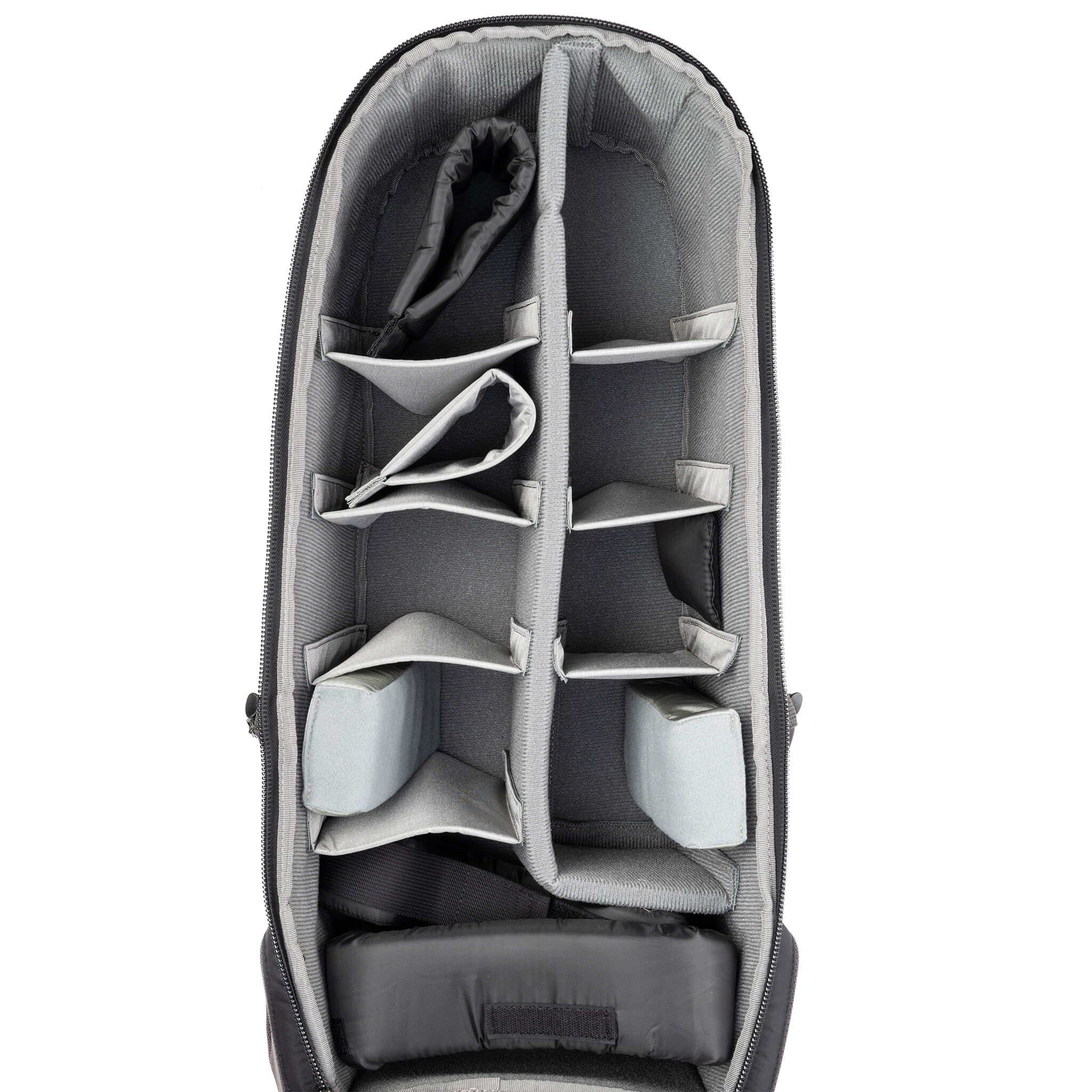 Versatile divider system includes a set for one large lens and gripped body with collars and pillows, or multiple gripped bodies with 5 to 6 professional lenses. Dedicated padded sleeve fits up to a 13” iPad Pro (2024) or similar tablet