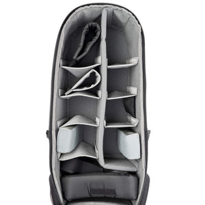 Versatile divider system includes a set for one large lens and gripped body with collars and pillows, or multiple gripped bodies with 5 to 6 professional lenses. Dedicated padded sleeve fits up to a 13” iPad Pro (2024) or similar tablet