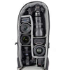 Alternatively carries a large kit consisting of two gripped bodies attached to lenses, plus room for an additional 2-6 lenses and/or accessories