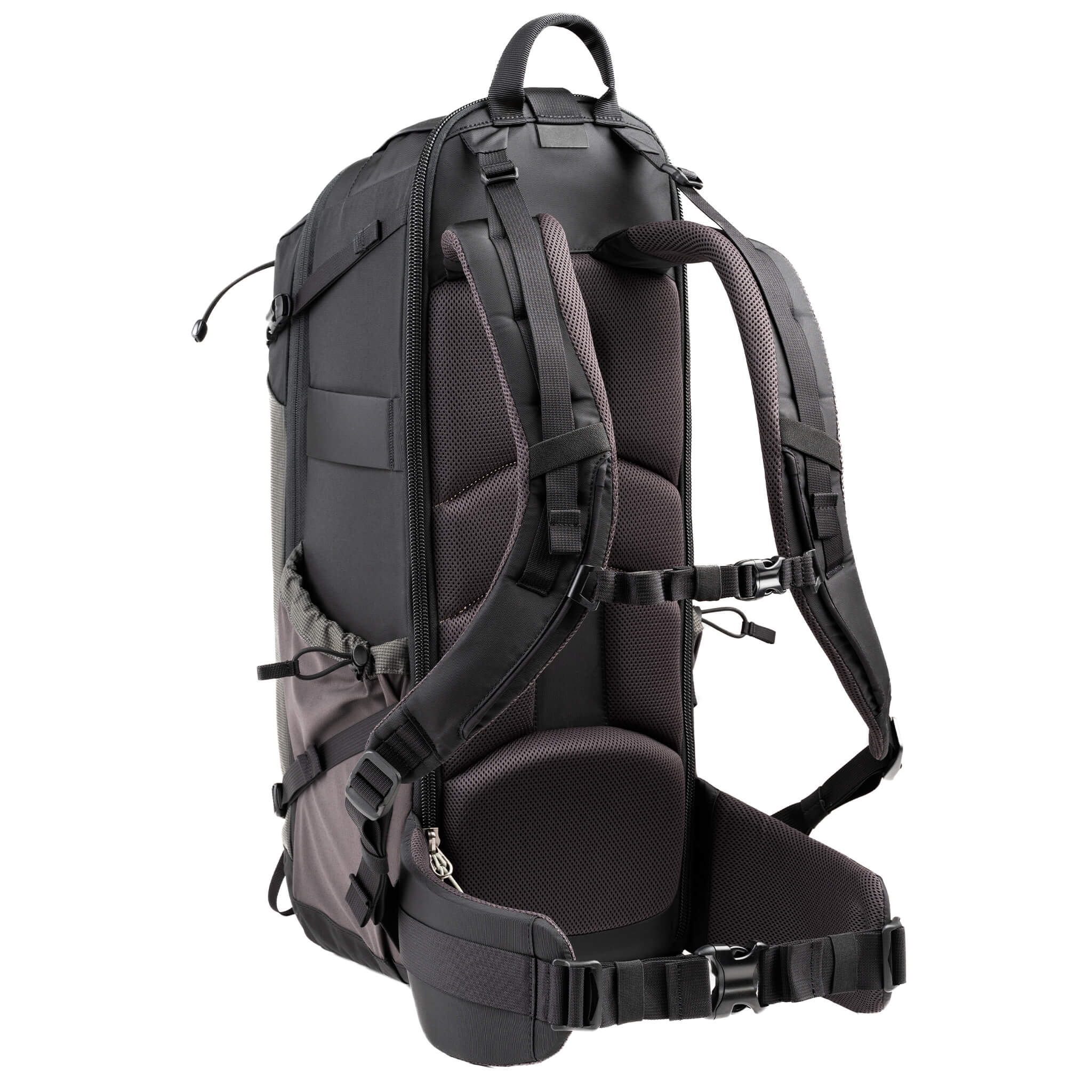 Adjustable harness system includes load lifters, sternum strap, and quick-fit waist belt