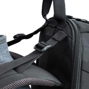 Nine-point adjustable harness system includes load lifters, sternum strap, and quick-fit waist belt