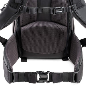 Robust padded waist belt for all-day comfort on the trail with webbing rail for attachment of Think Tank Modular accessories