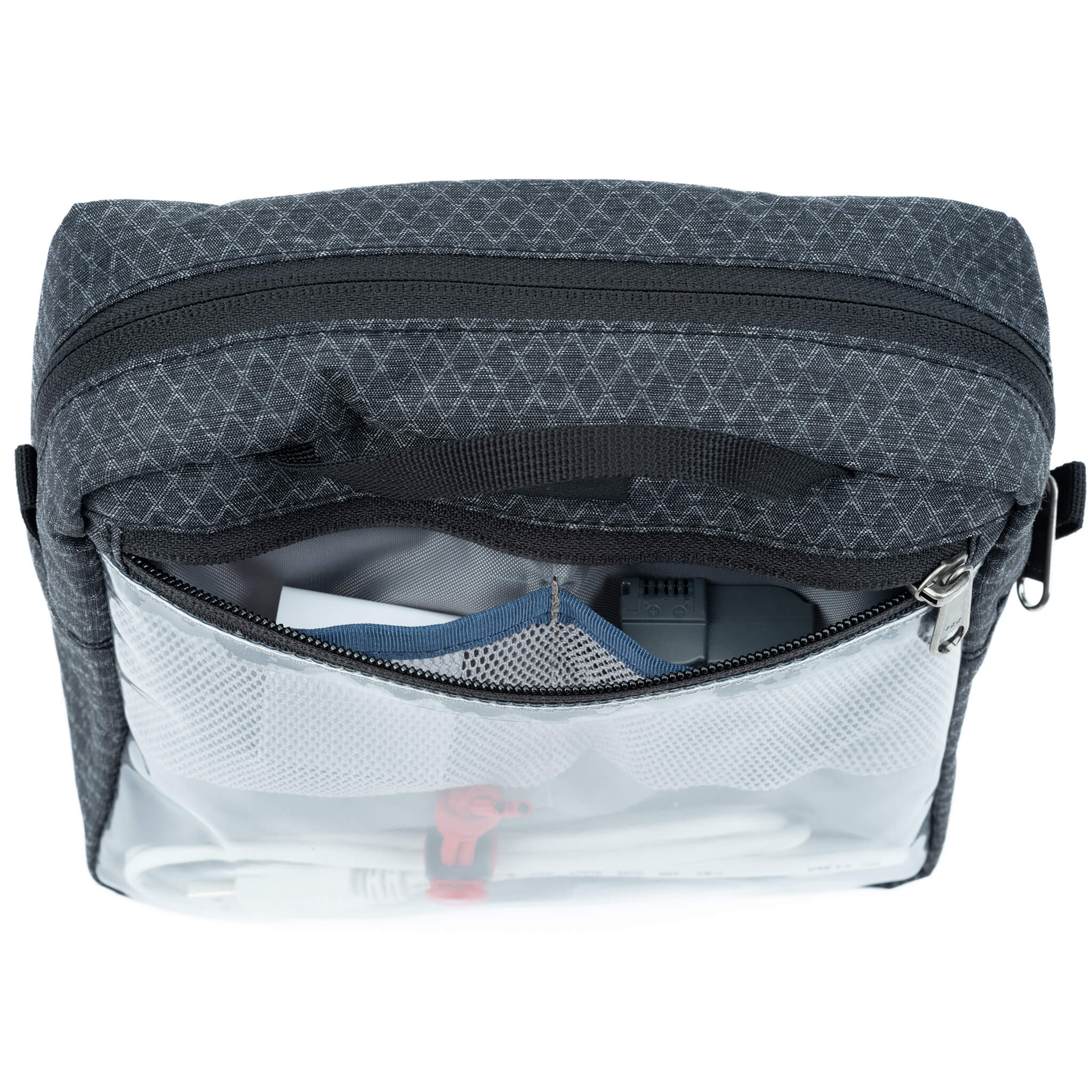 Back pocket includes mesh organizer slots for small items