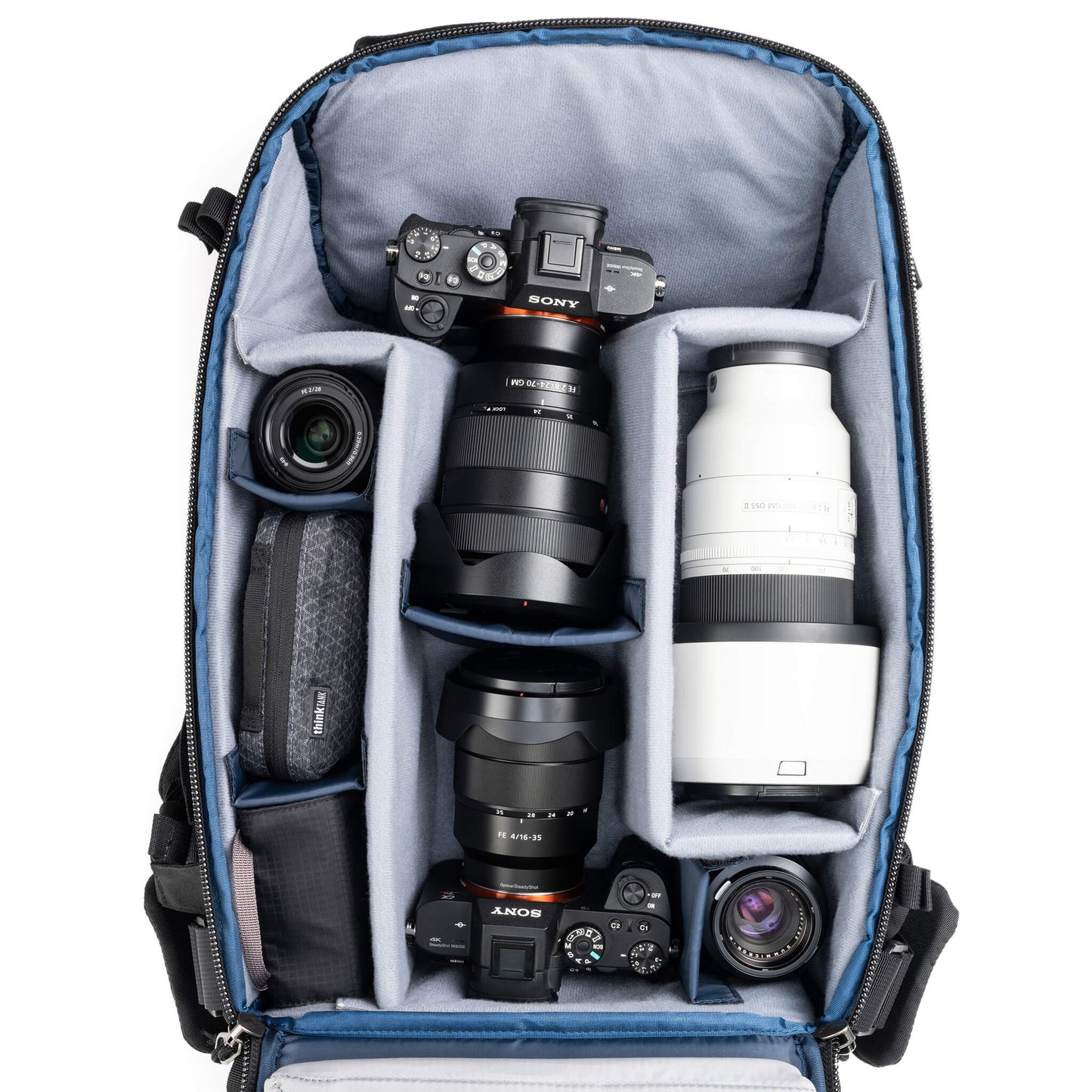 
                  
                    Holds two bodies with lenses attached and 2–3 lenses, or one body with
lens attached plus 3–5 lenses
                  
                