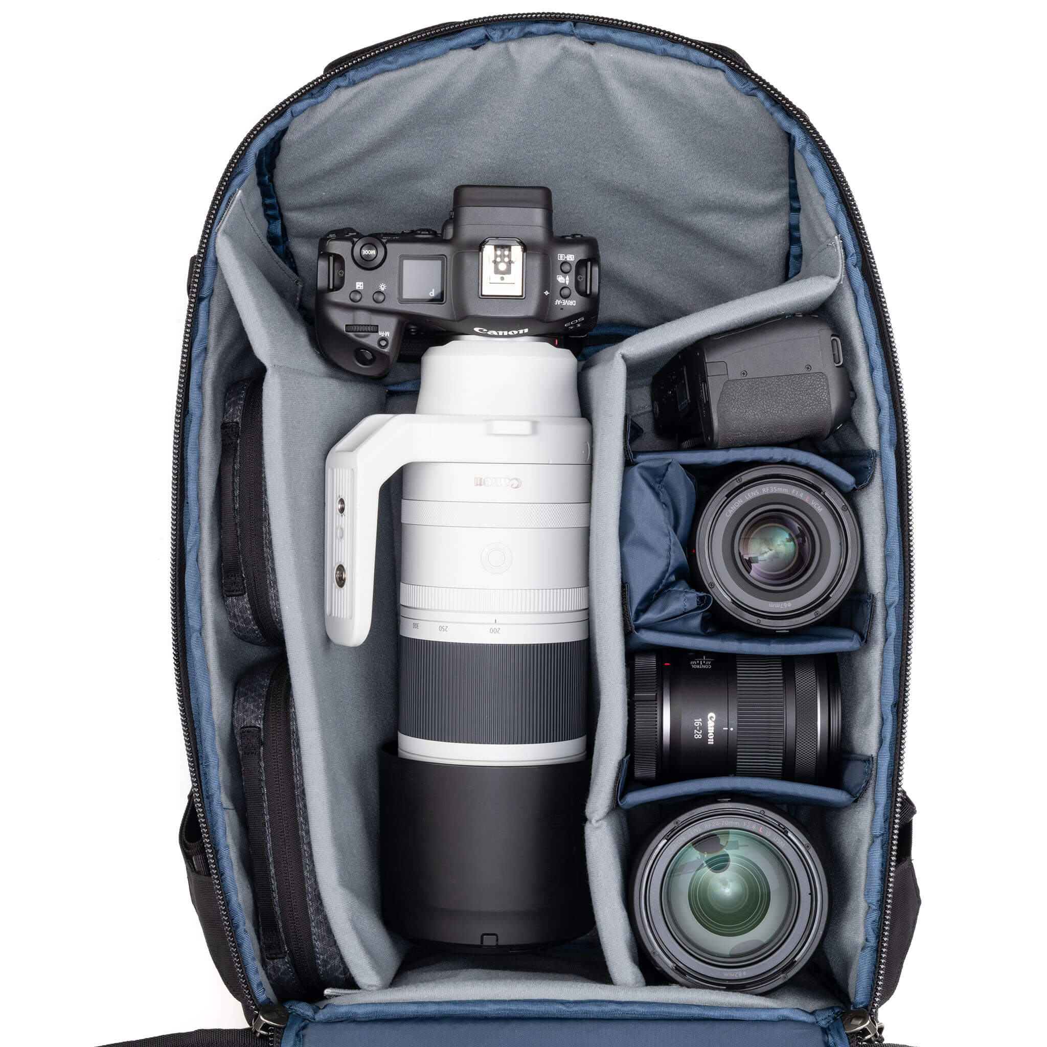 Holds two gripped camera bodies with lenses attached plus 4-6 additional lenses