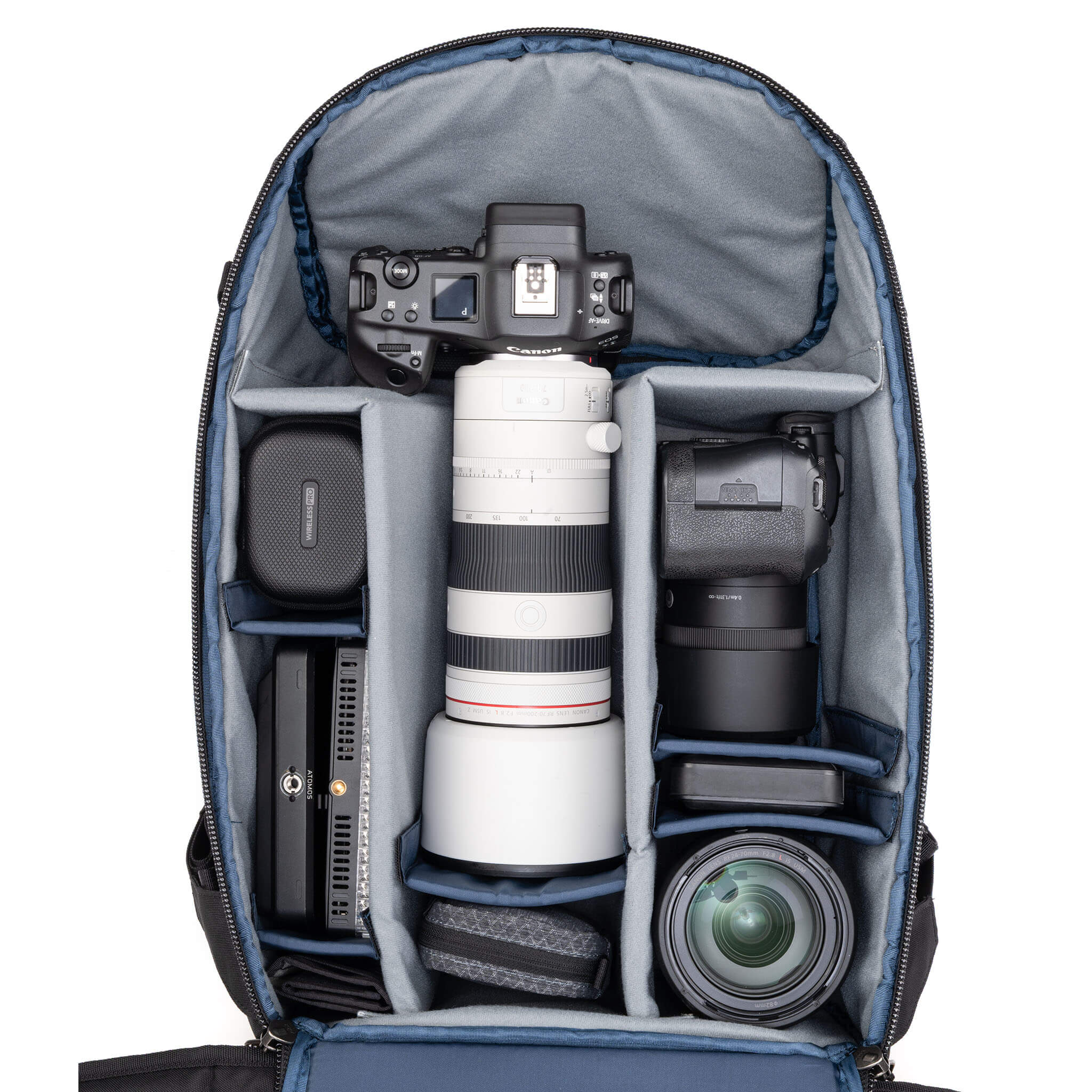 Holds two gripped camera bodies with lenses attached plus 4-6 additional lenses