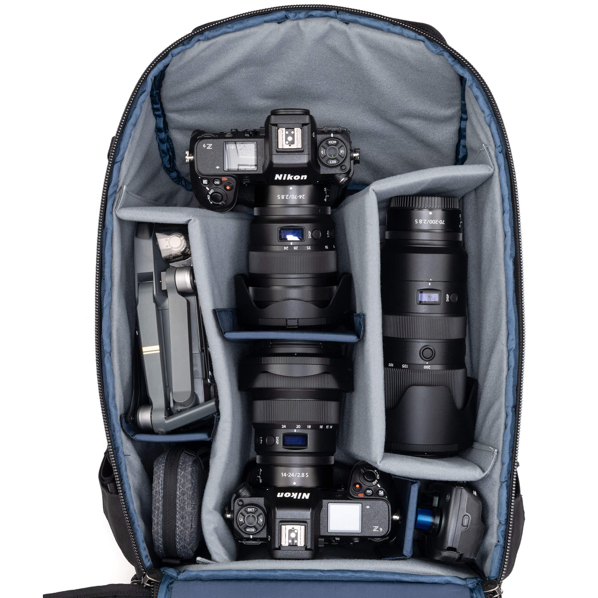 Holds two gripped camera bodies with lenses attached plus 4-6 additional lenses