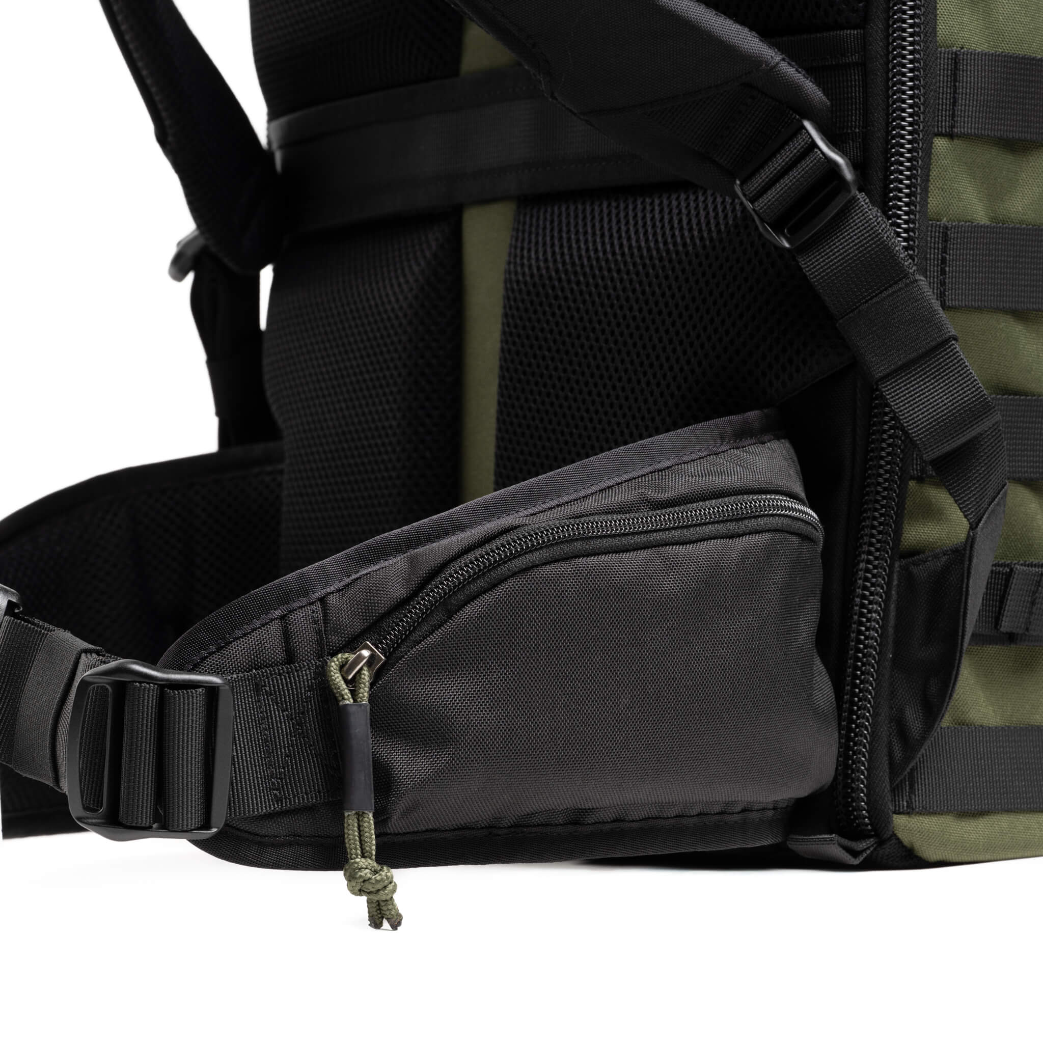 Removable padded waistbelt with a zippered pocket and webbing rail for a modular lens pouch