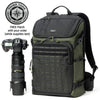 A green DarkLight 25L camera backpack with tactical-style design, alongside a camera and lenses. There's also an offer badge indicating a free patch with the order.
