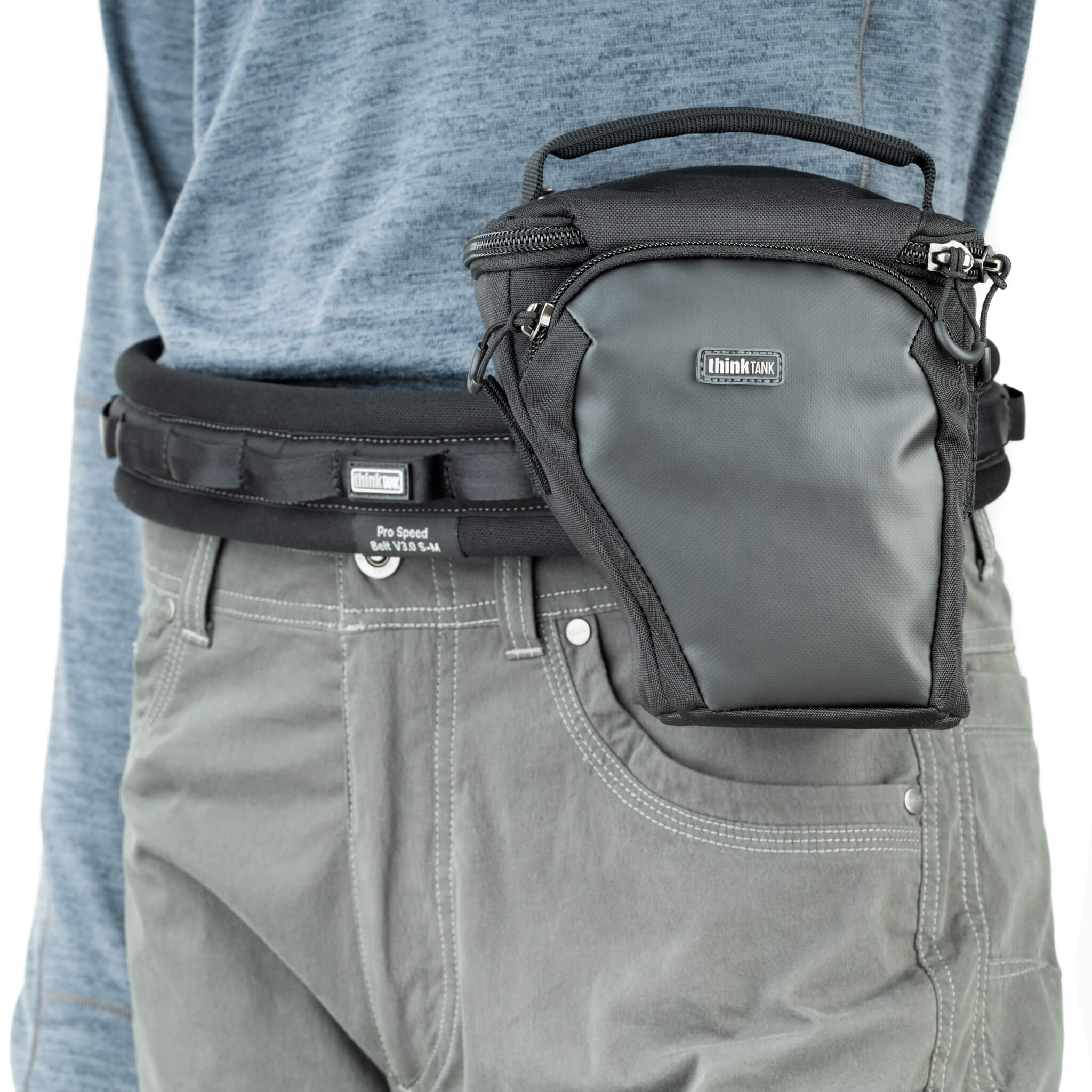 Attachment on back for connection to any Think Tank belt or belt pack, and select backpack waist belts