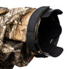 Non-slip, adjustable strap attaches directly to the lens hood