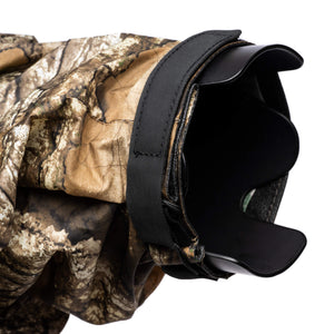 Non-slip, adjustable strap attaches directly to the lens hood