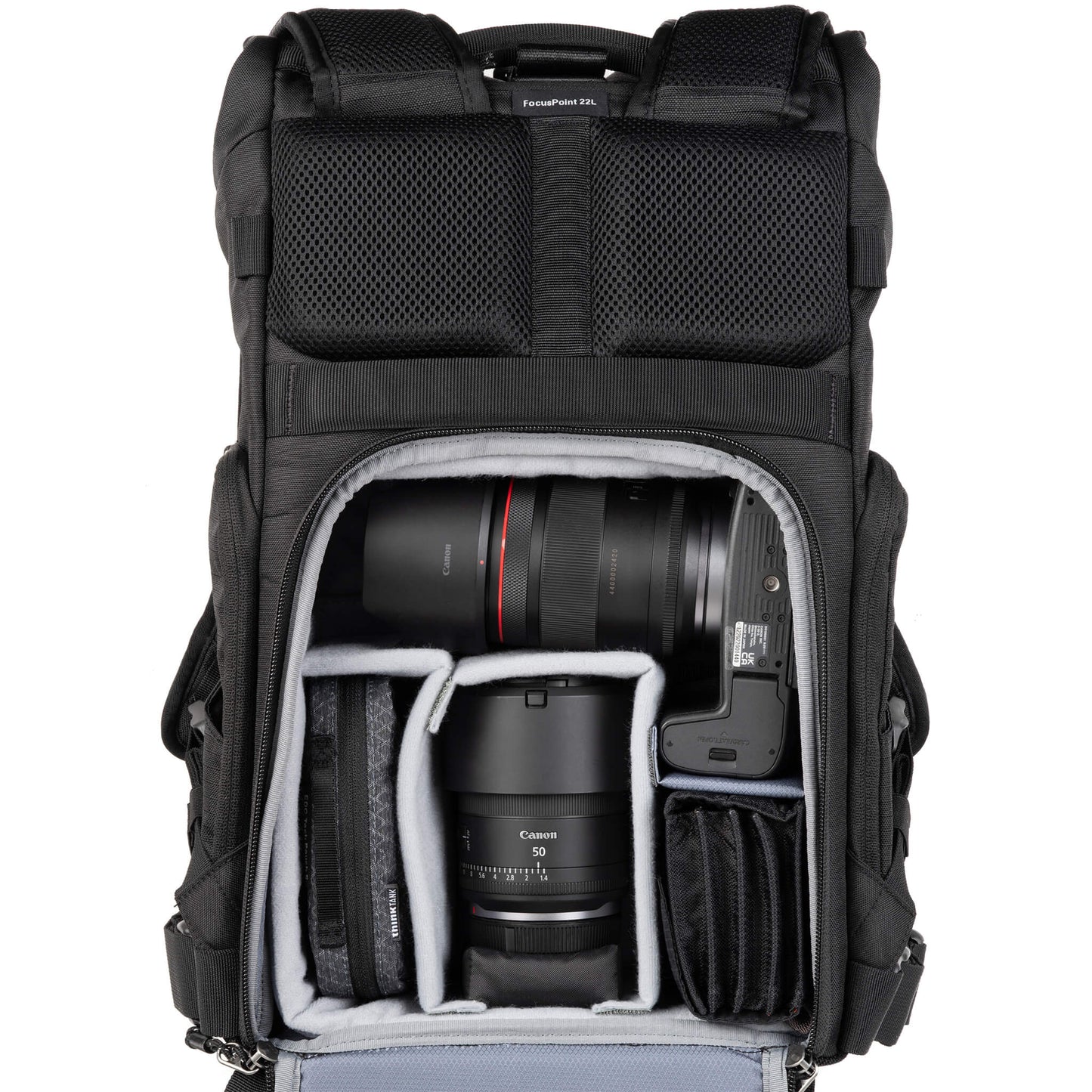 
                  
                    Canon R5 attached to 16-28mm f/2.8, 50mm f/1.4 and accessories. Configured for side access.
                  
                