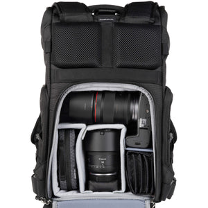Canon R5 attached to 16-28mm f/2.8, 50mm f/1.4 and accessories. Configured for side access.