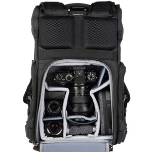 Fuji X-Series X-T5 attached to 16-55mm f/2.8, 23mm f/2, 35mm f/1.4, accessories. Configured for back access. 