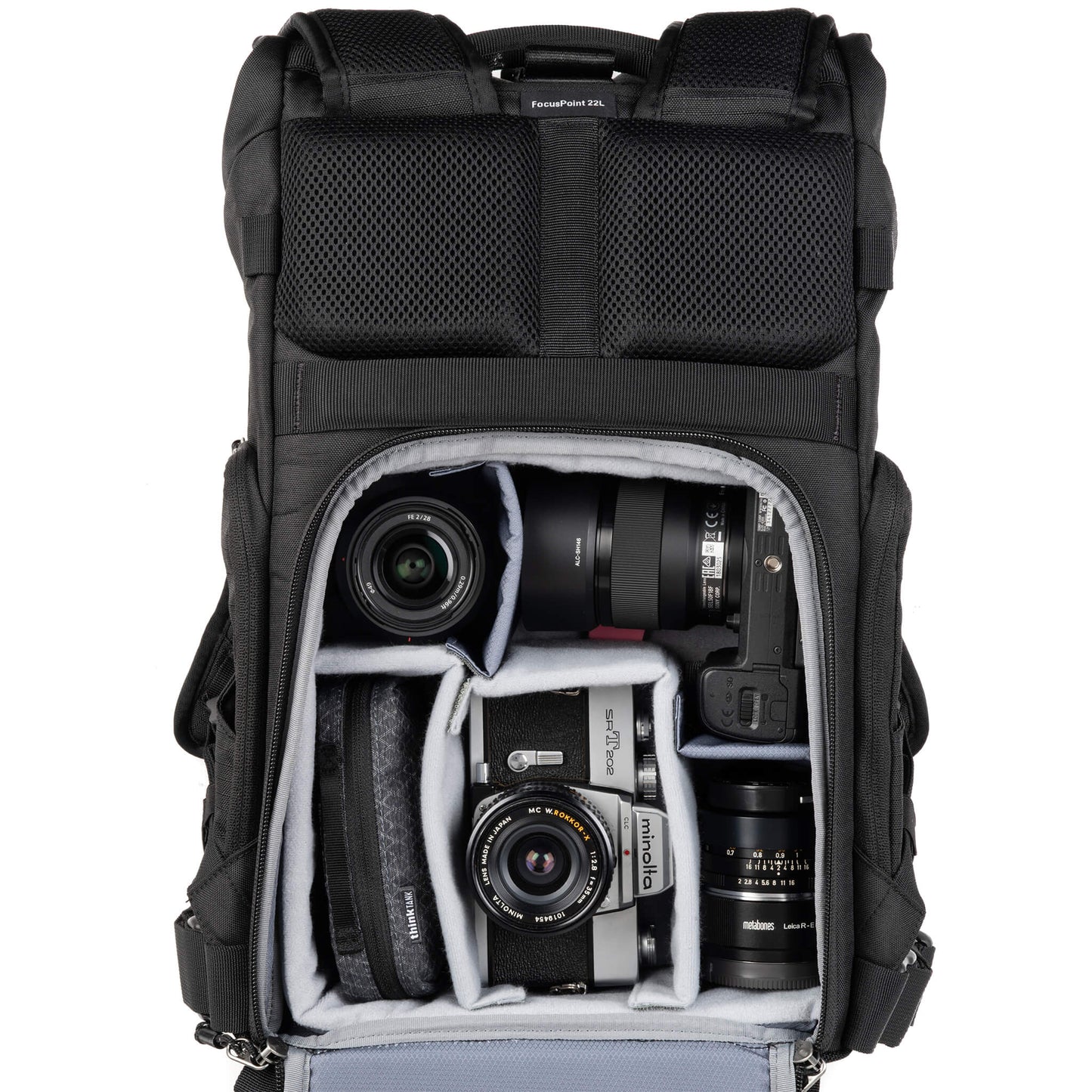 
                  
                    Sony A74 kit, three lenses, Minolta SRT202, accessories. Configured for side access.
                  
                