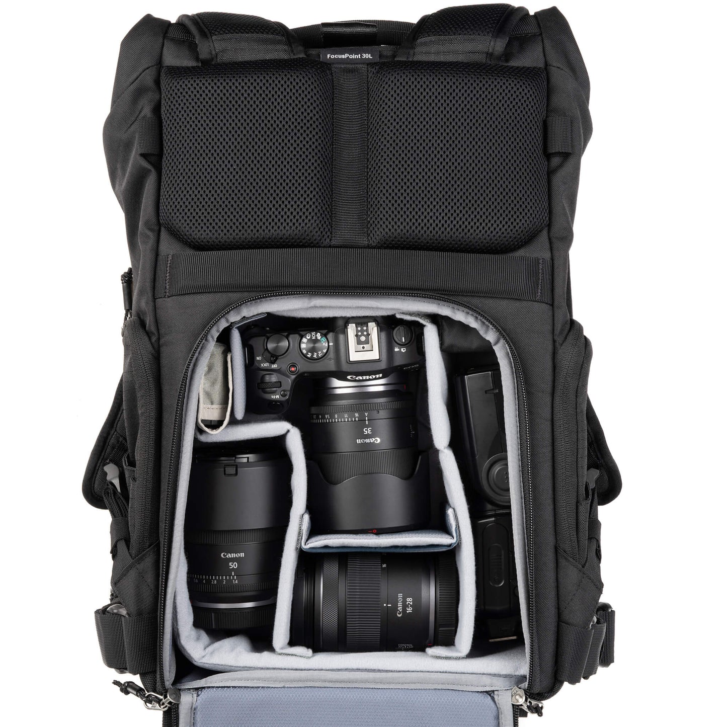 Canon R8 attached to 35 f/1.4, 50 f/1.4, 16-28 f/2.8, flash. Configured for back access.