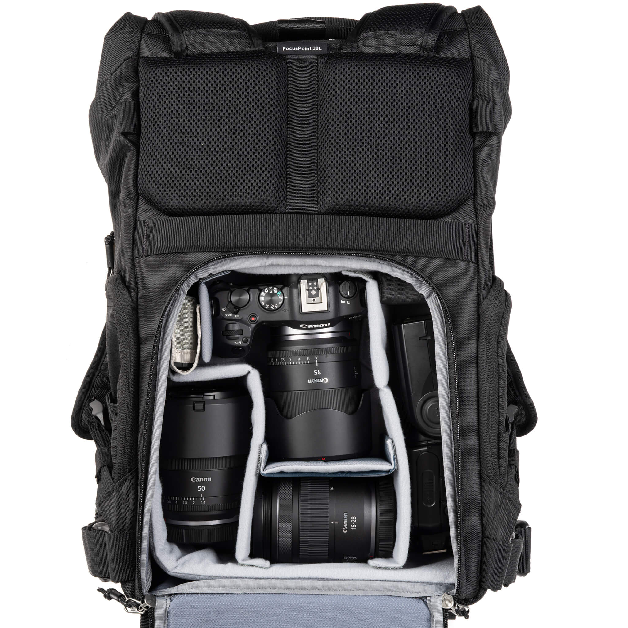 Canon R8 attached to 35 f/1.4, 50 f/1.4, 16-28 f/2.8, flash. Configured for back access.