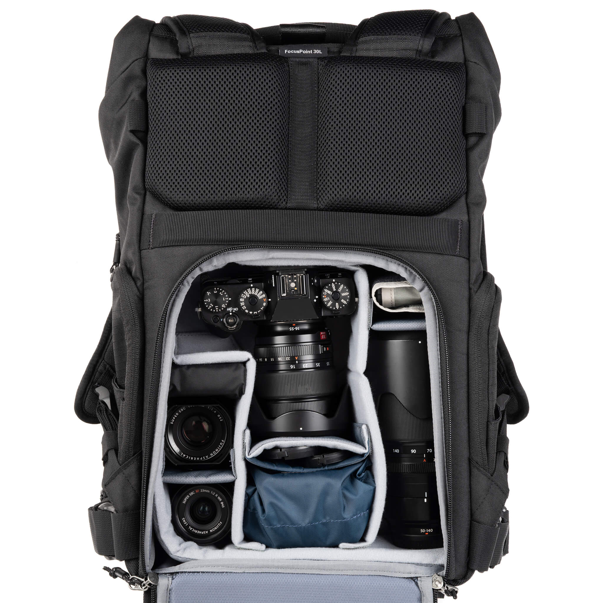 FocusPoint 30L FujiFilm X-Series body with 16-55mm attached, 50-140mm f2.8 and additional lenses and accessories. Configured for back access. 
