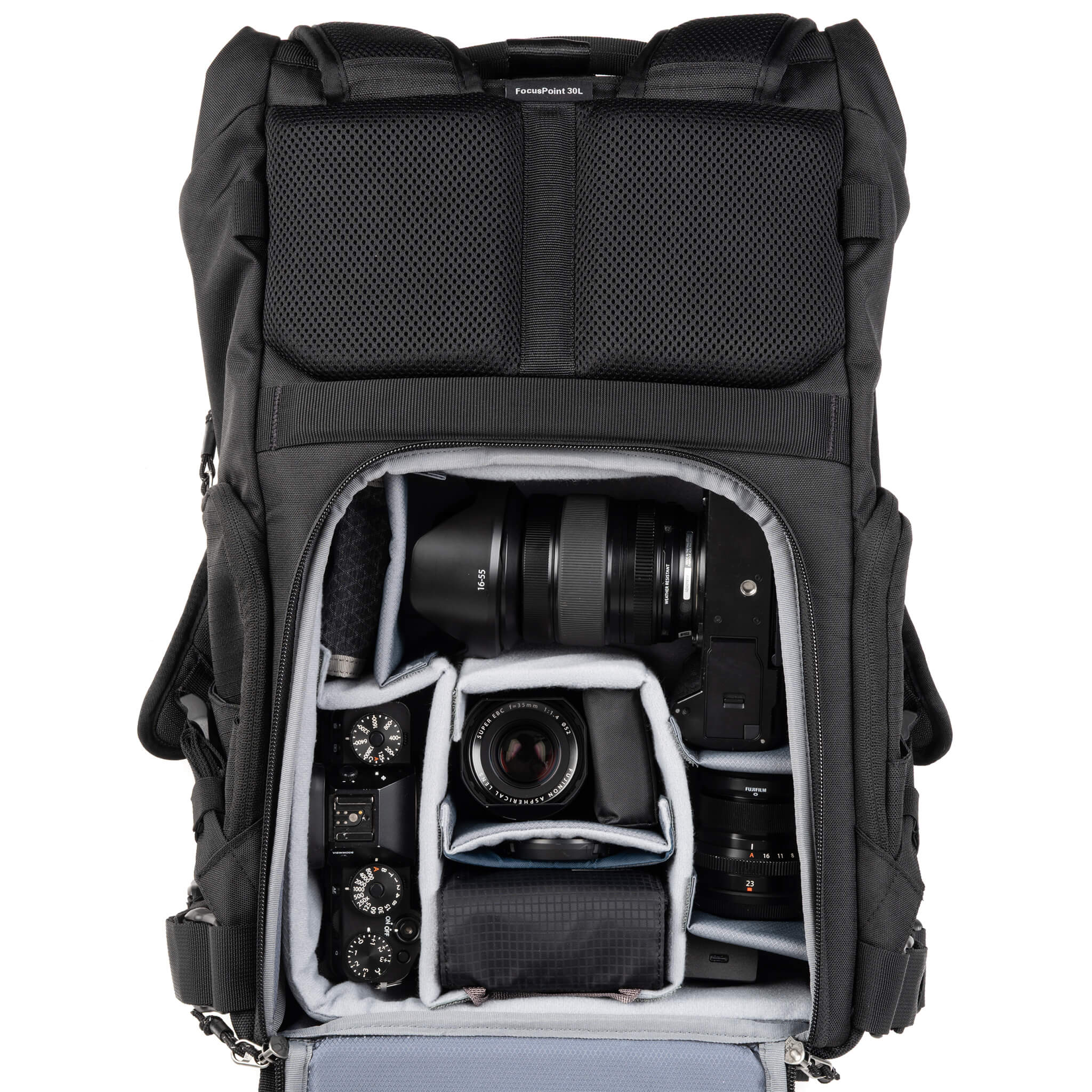 FocusPoint 30L two Fujifilm X Series bodies, one with 16-55mm attached, additional lenses and accessories. Configured for side access. 
