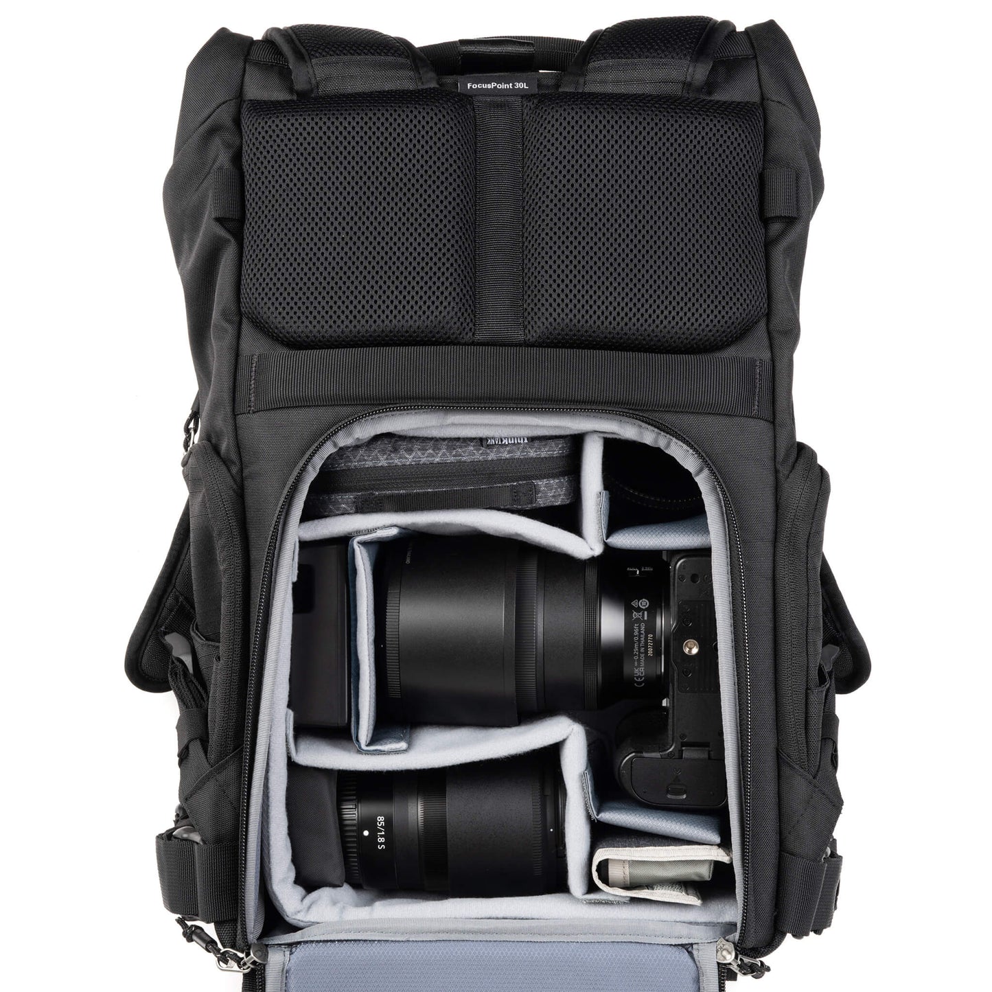 
                  
                    FocusPoint 30L with Nikon Z6 with a 50mm f1.2 S lens attached, a 85mm f1.8 S, EDC Tech Pouch and Battery Holder. Configured for side access. 
                  
                