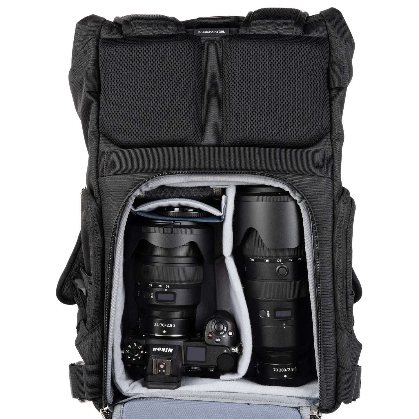 
                  
                    FocusPoint 30L with Nikon Z Series body with 24-70mm f2.8 attached and a 70-200mm f2.8. Configured for back access. 
                  
                