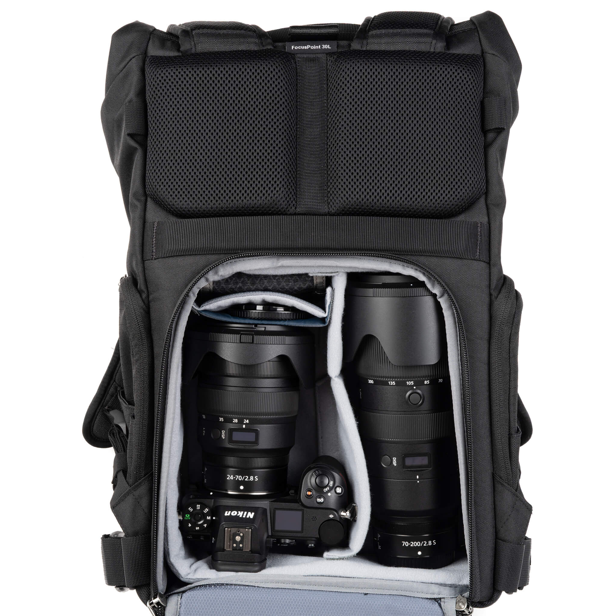 FocusPoint 30L with Nikon Z Series body with 24-70mm f2.8 attached and a 70-200mm f2.8. Configured for back access. 