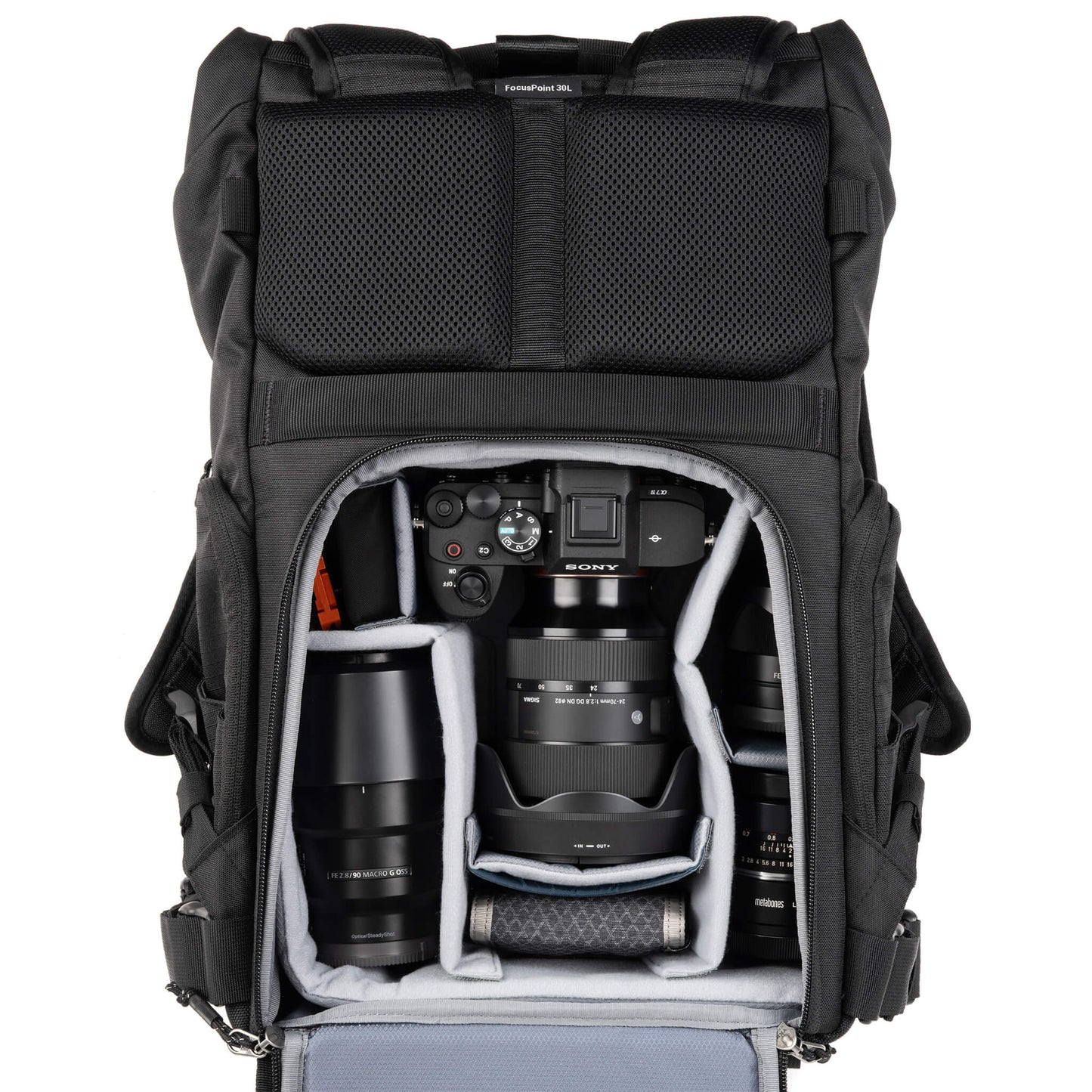 
                  
                    FocusPoint 30L Sony A Series body with 24-70 f/2.8 attached and three additional lenses. Configured for back access. 
                  
                