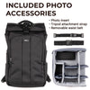 All included accessories: photo insert, tripod attachment strap, and removable waist belt