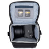 Fits one small point-and-shoot or small size mirrorless body (4/3) with small telephoto or pancake lens attached.