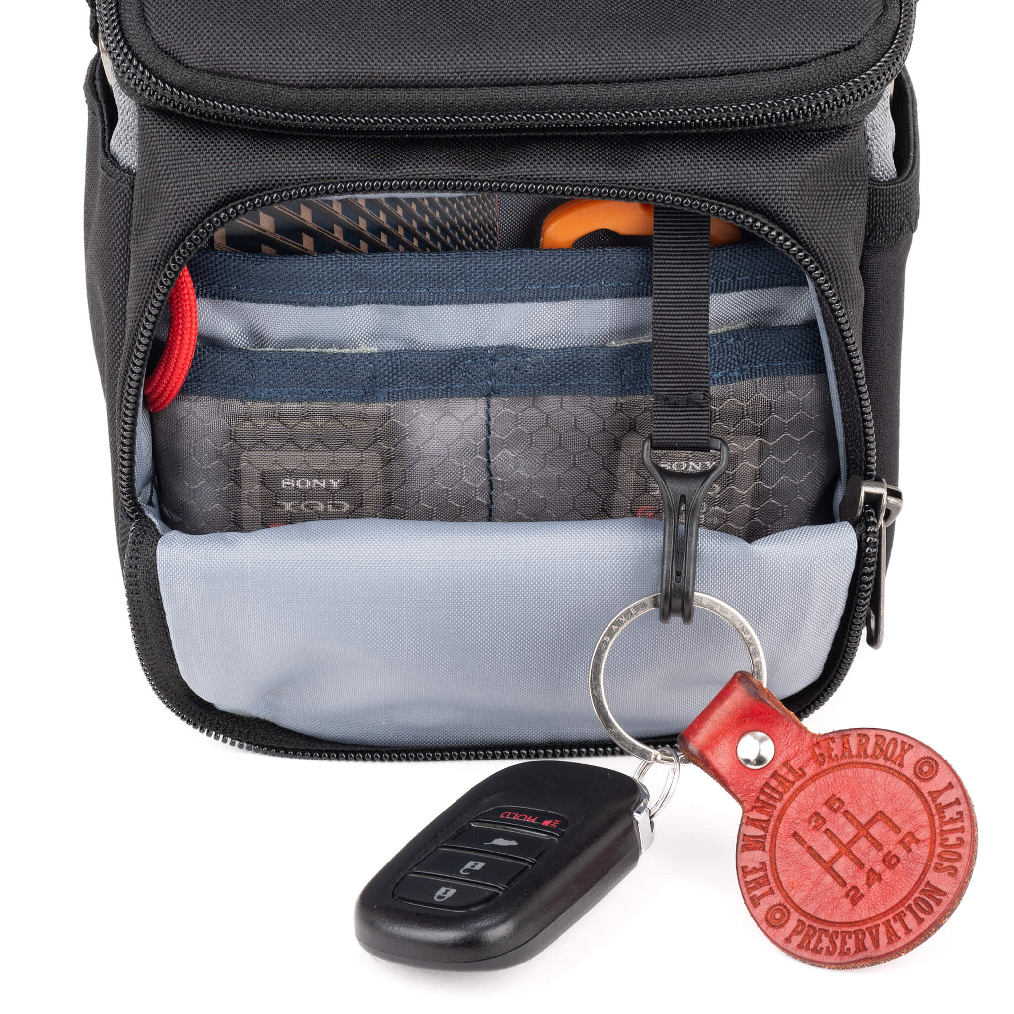 Dedicated clear secure card slot(s) for CF, SD, XQD, or Micro SD. Included key hook and lanyard.