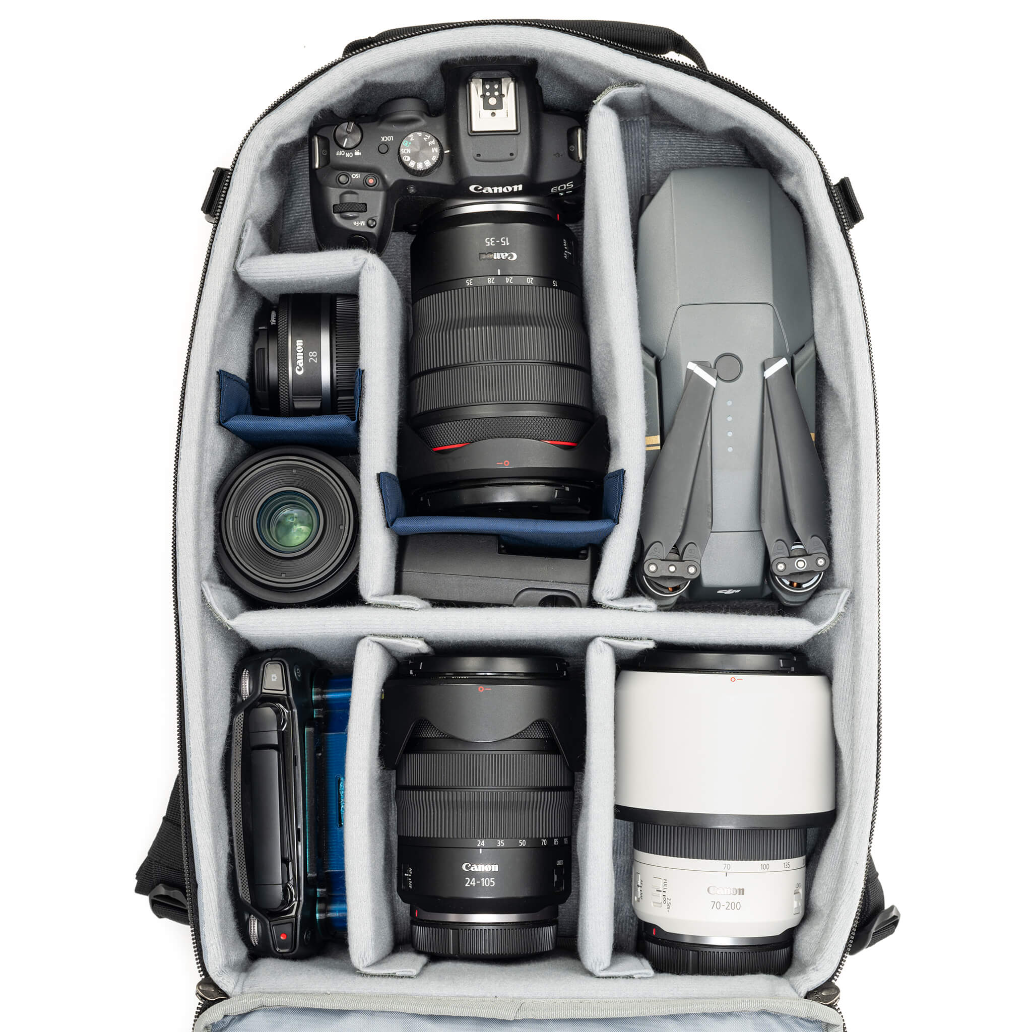Fits 1 Standard Mirrorless Body and zoom lens trifecta with 15-35mm f/2.8 attached and a drone