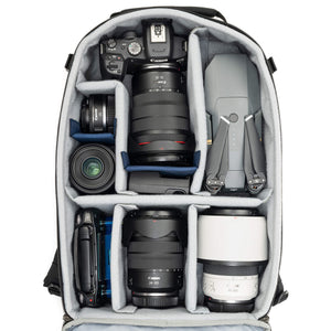 Fits 1 Standard Mirrorless Body and zoom lens trifecta with 15-35mm f/2.8 attached and a drone