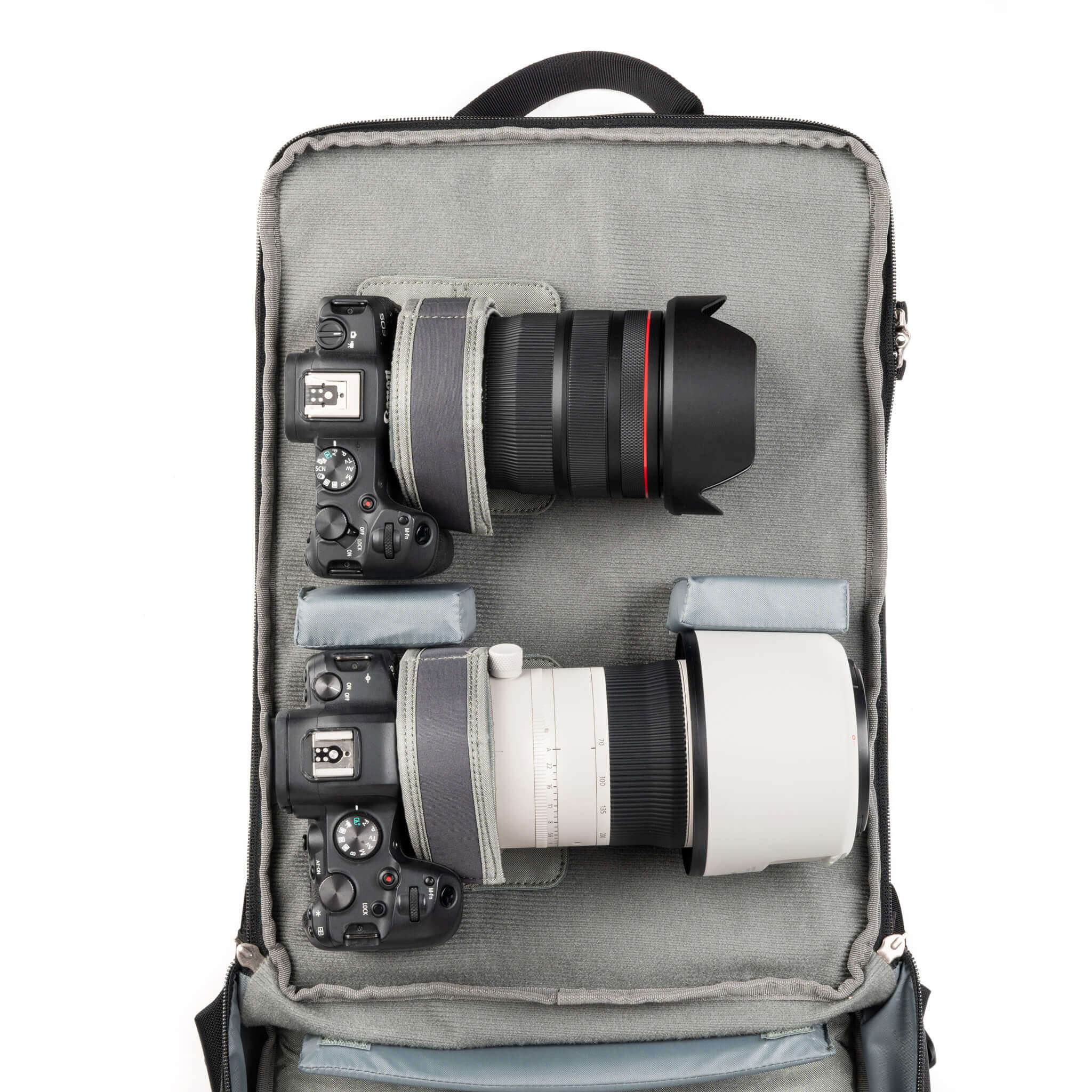 Fully reconfigurable interior gear pouches and hold-down straps for unique gear layouts