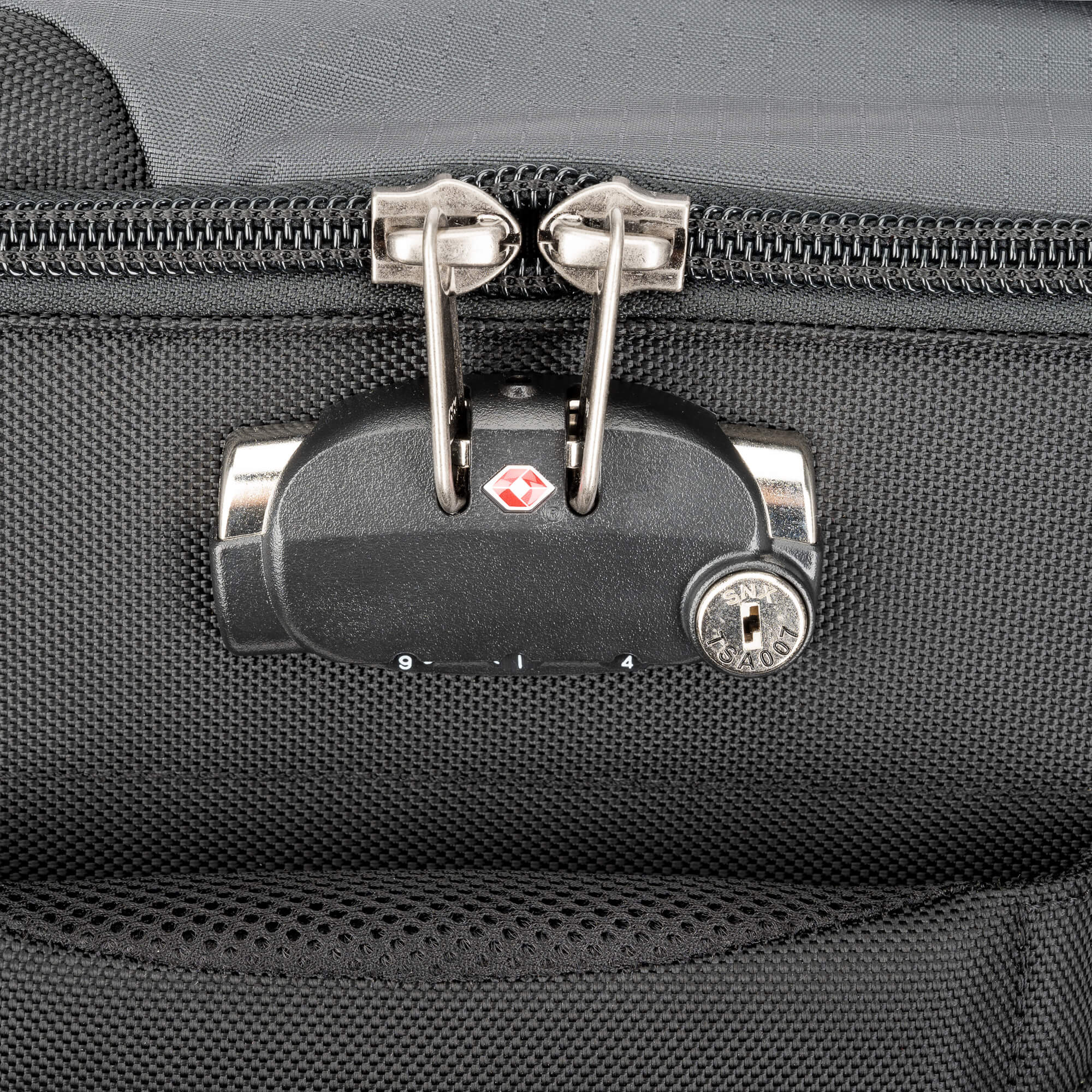 Security features include main compartment lock