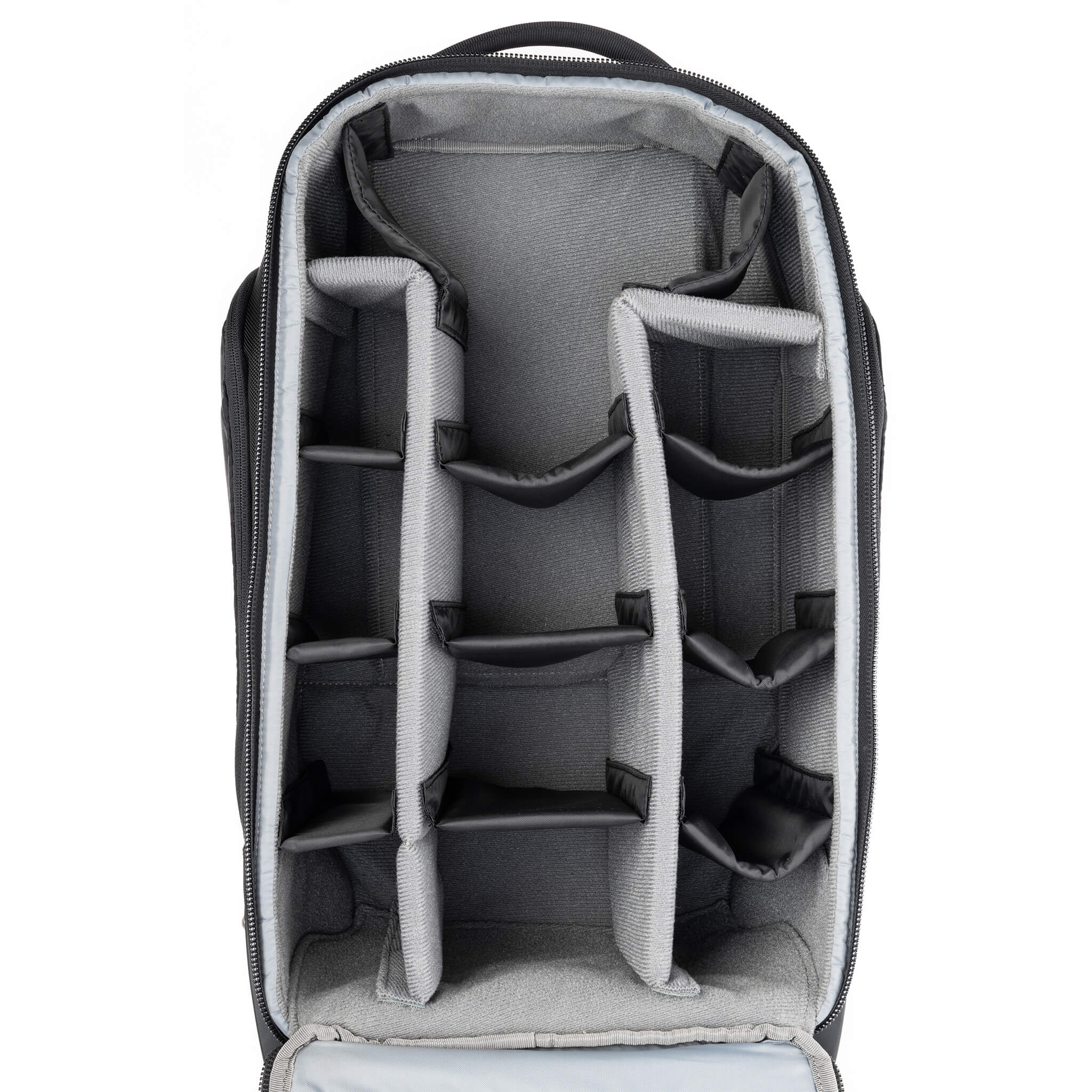 Large photo gear capacity with a fully opening front panel to view, access, and organize the foam-protected and fully customizable photo compartment