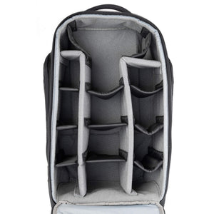 Large photo gear capacity with a fully opening front panel to view, access, and organize the foam-protected and fully customizable photo compartment
