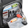 Easily accessible front organizer pocket includes an inner zippered pocket with key lanyard