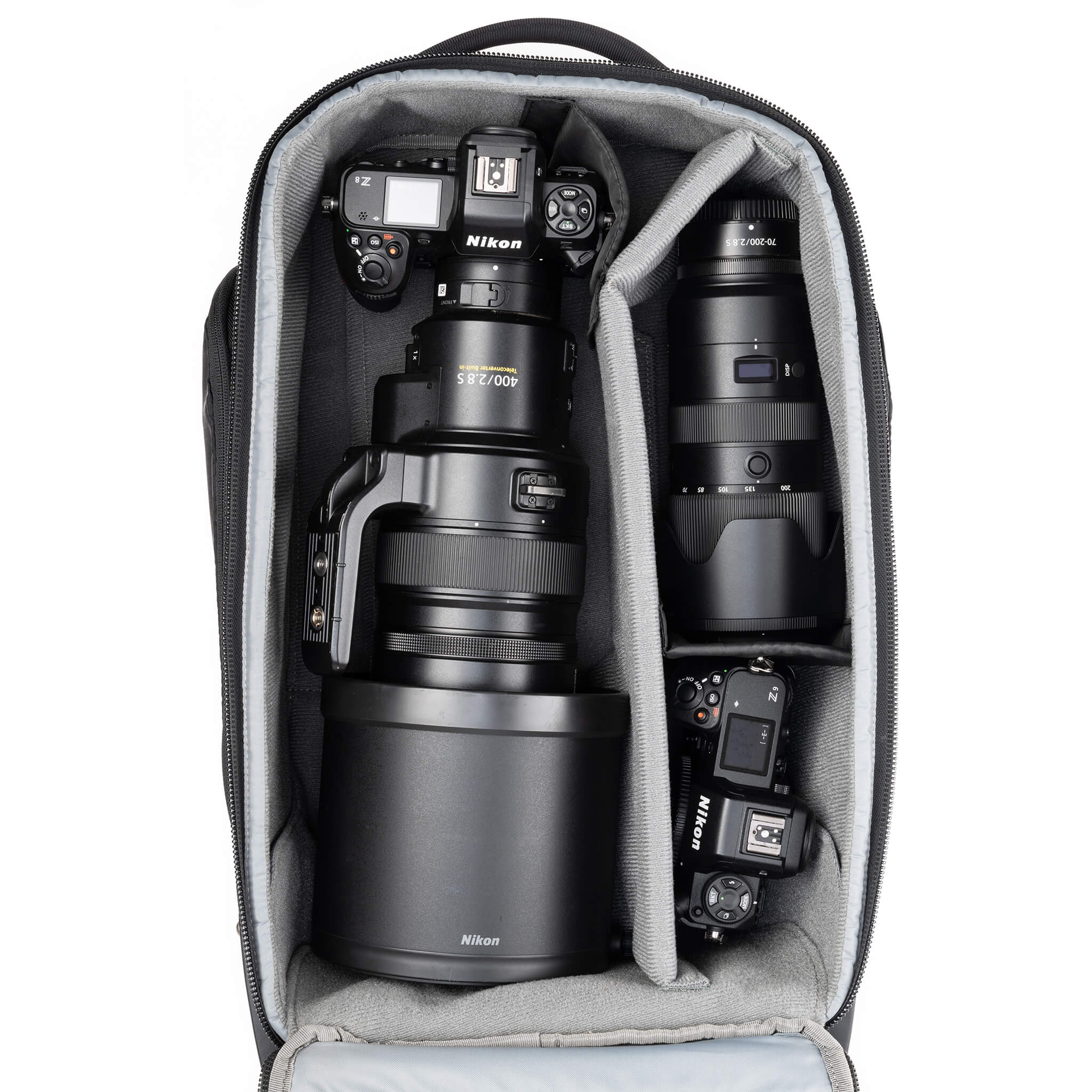 Fits 1 standard-size body attached to a 400mm f/2.8 lens plus an additional 2-3 lenses plus accessories
