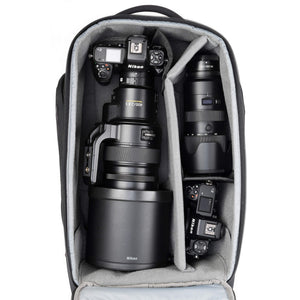 Fits 1 standard-size body attached to a 400mm f/2.8 lens plus an additional 2-3 lenses plus accessories