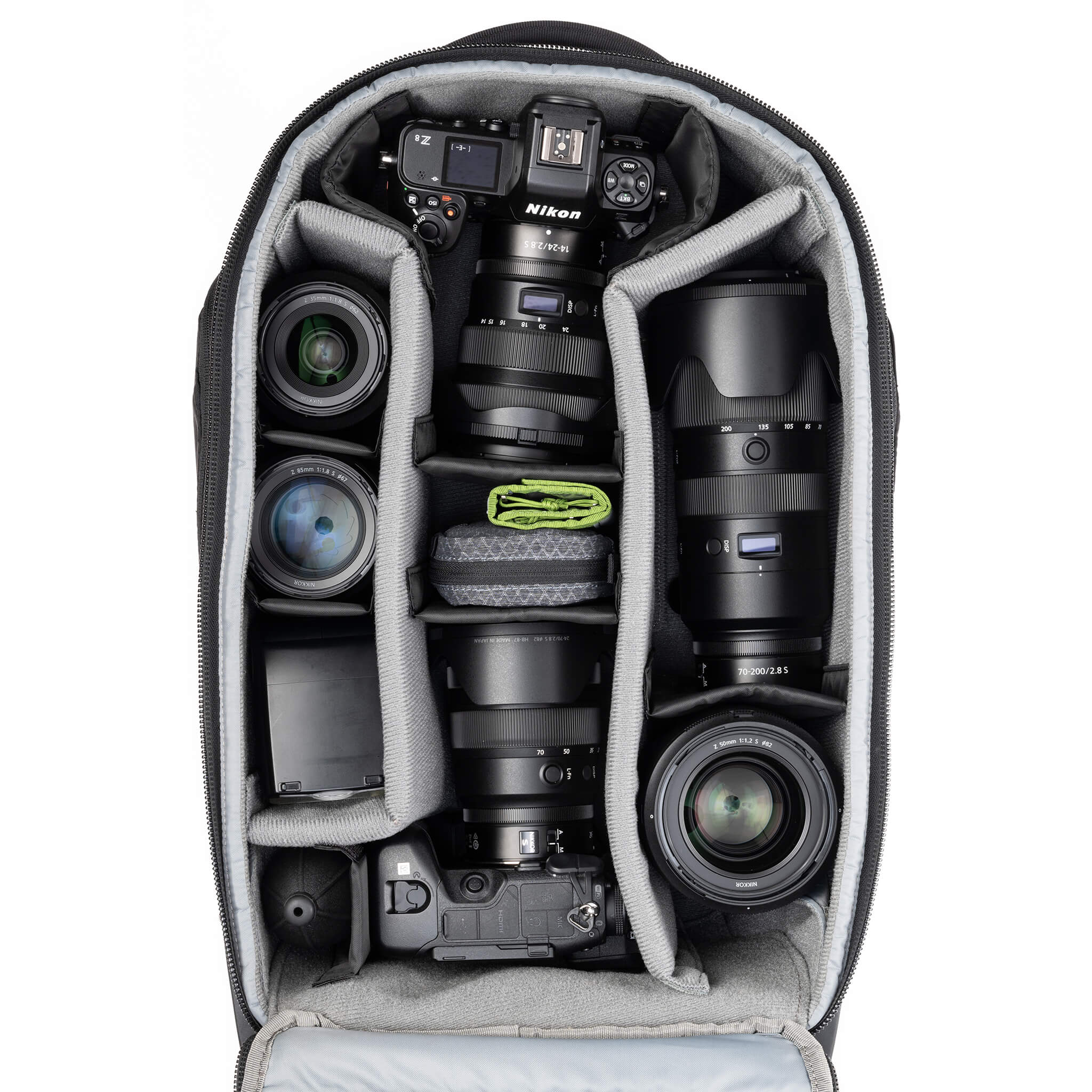 Fits 1 gripped body plus one standard-size body attached to lenses, plus an additional 4-6 lenses and accessories.