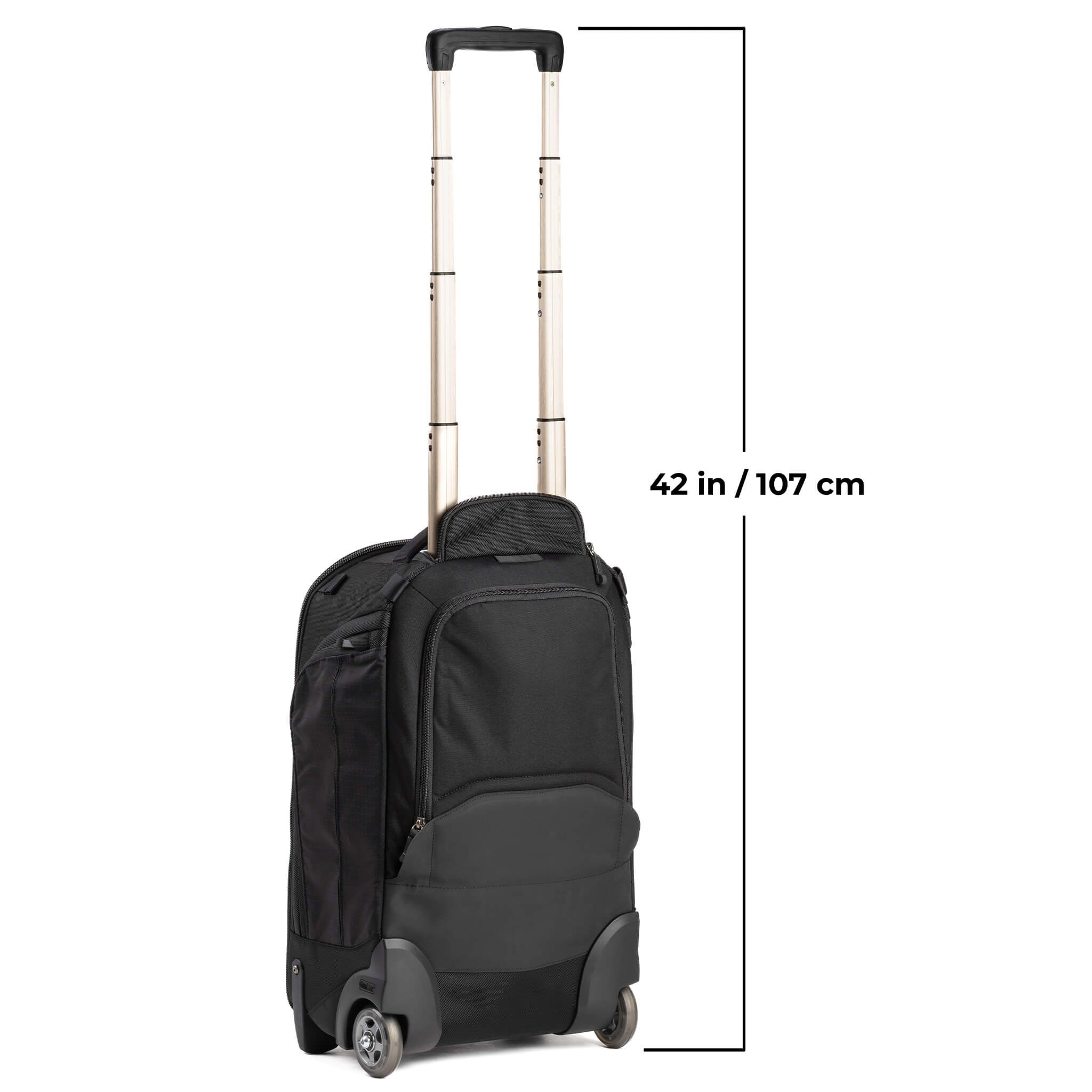 Proprietary telescoping handle is reinforced for strength with rubberized touch points for added comfort