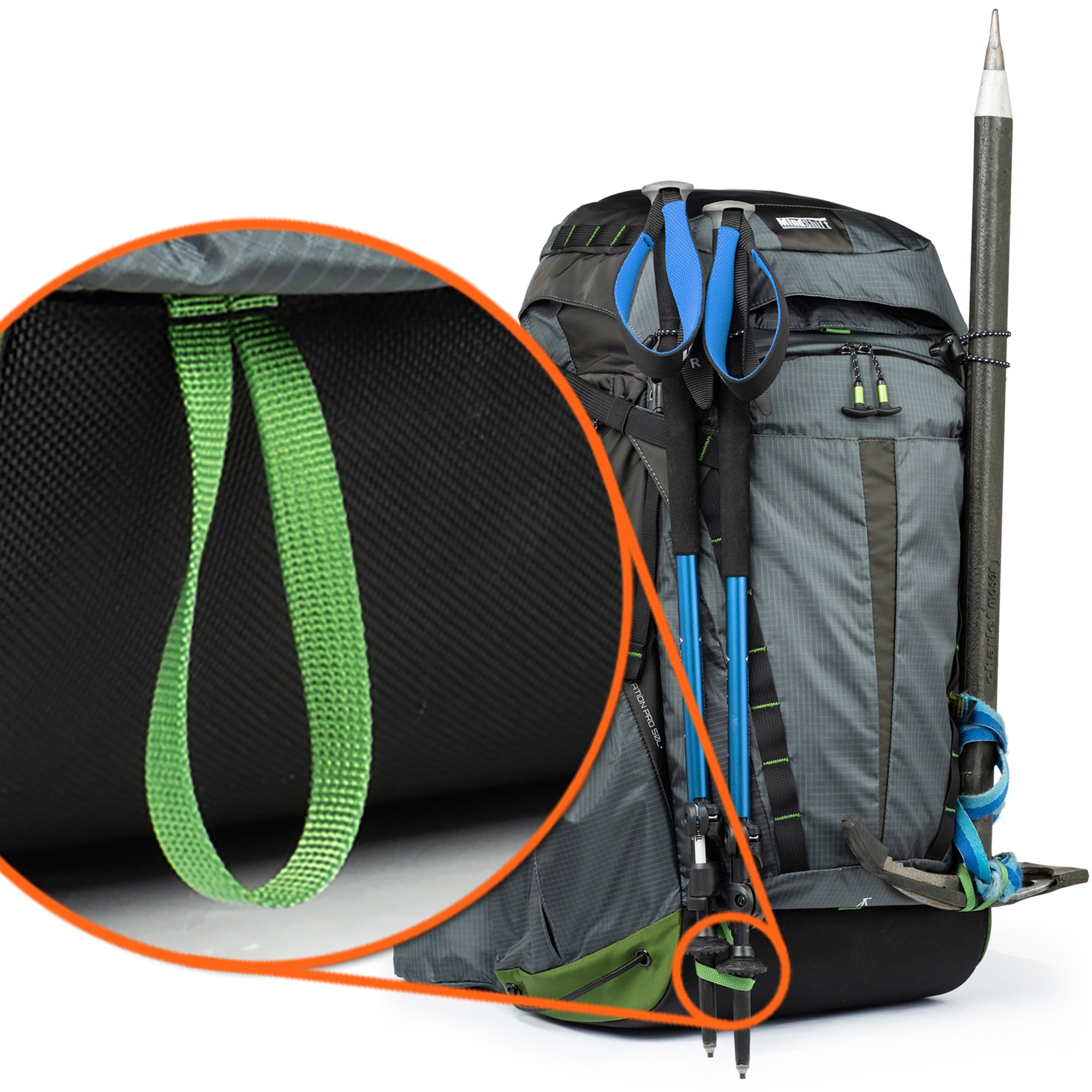 Mountain axe/hiking pole loops - ROTATION 50L+ features 2 loops